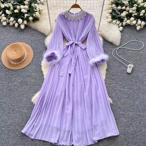 Courtly Rhinestone Beaded Pleated Dress