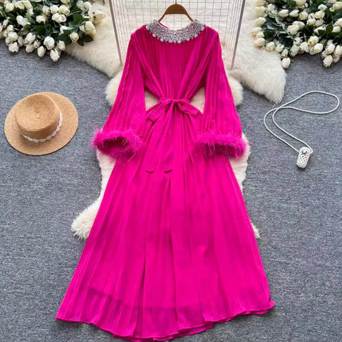 Courtly Rhinestone Beaded Pleated Dress