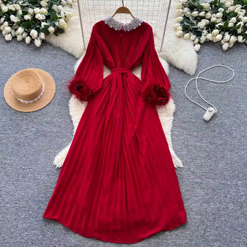 Courtly Rhinestone Beaded Pleated Dress