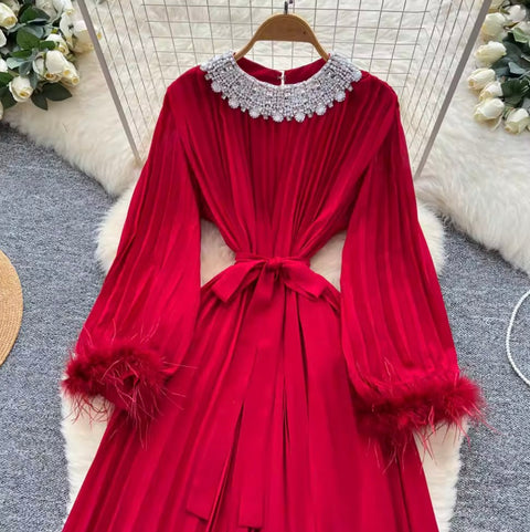 Courtly Rhinestone Beaded Pleated Dress