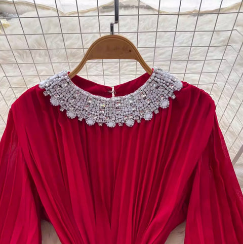 Courtly Rhinestone Beaded Pleated Dress