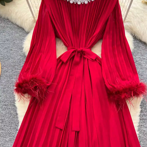Courtly Rhinestone Beaded Pleated Dress