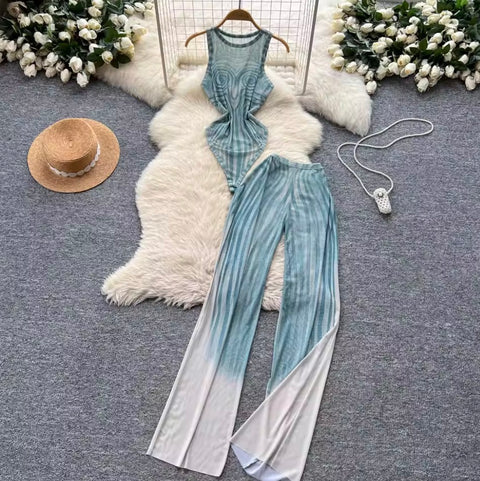 Print Jumpsuit & Mesh Trousers 2Pcs