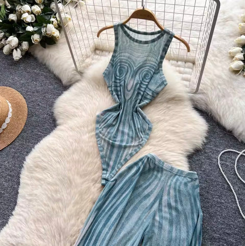 Print Jumpsuit & Mesh Trousers 2Pcs