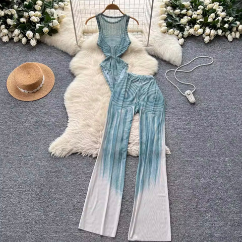 Print Jumpsuit & Mesh Trousers 2Pcs