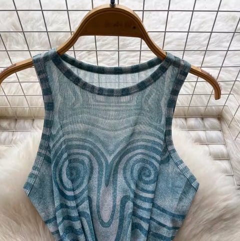 Print Jumpsuit & Mesh Trousers 2Pcs