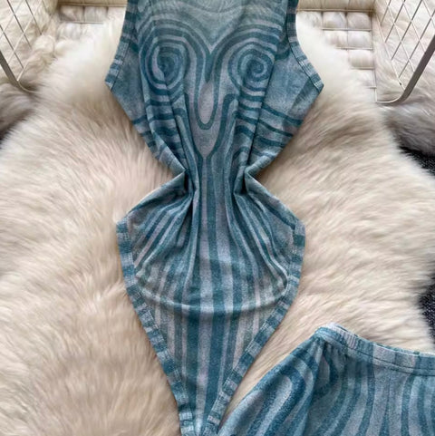 Print Jumpsuit & Mesh Trousers 2Pcs