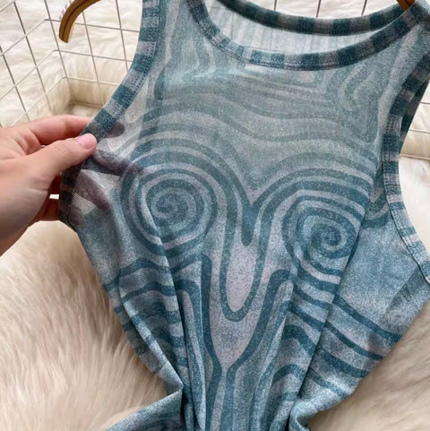 Print Jumpsuit & Mesh Trousers 2Pcs