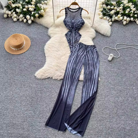 Print Jumpsuit & Mesh Trousers 2Pcs