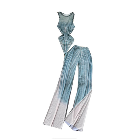 Print Jumpsuit & Mesh Trousers 2Pcs