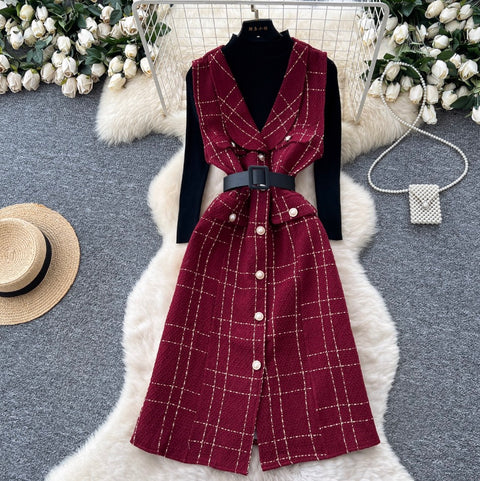 Plaid Tweed Dress & Sweater 2Pcs