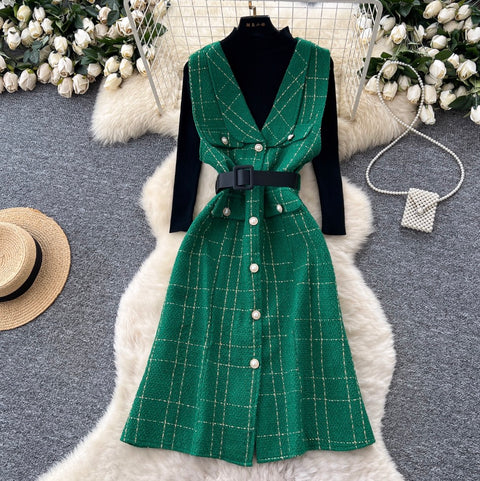 Plaid Tweed Dress & Sweater 2Pcs