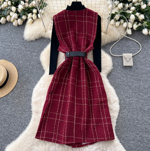 Plaid Tweed Dress & Sweater 2Pcs
