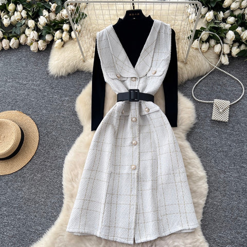 Plaid Tweed Dress & Sweater 2Pcs