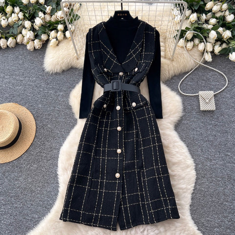 Plaid Tweed Dress & Sweater 2Pcs