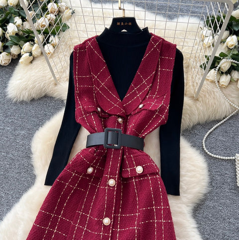 Plaid Tweed Dress & Sweater 2Pcs