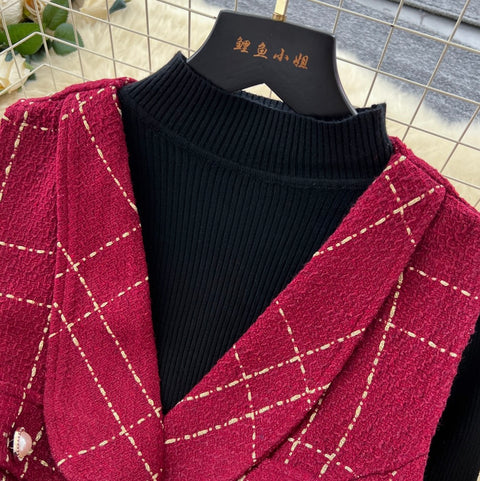 Plaid Tweed Dress & Sweater 2Pcs
