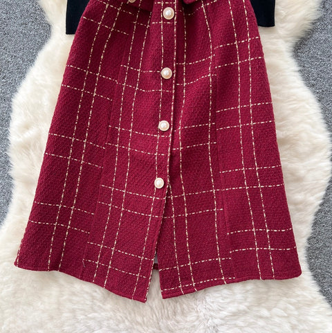 Plaid Tweed Dress & Sweater 2Pcs