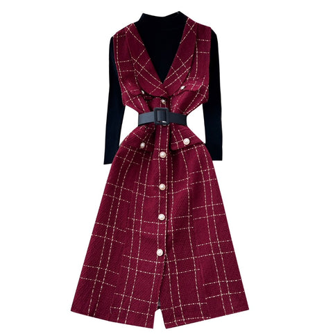 Plaid Tweed Dress & Sweater 2Pcs