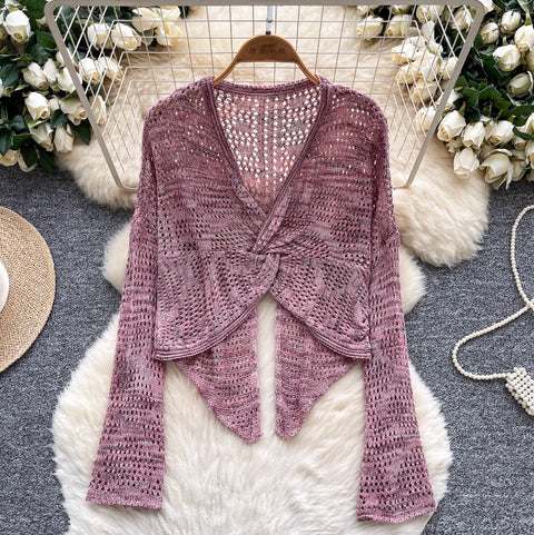 V-neck Knotted Hollow Short Cardigan