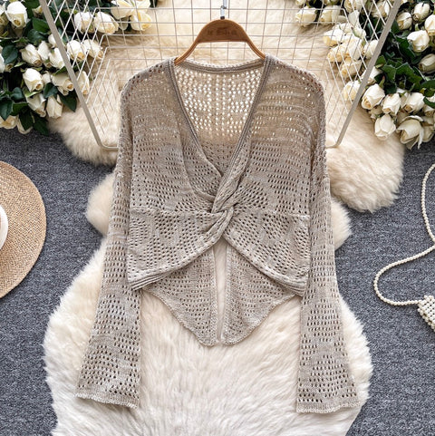 V-neck Knotted Hollow Short Cardigan
