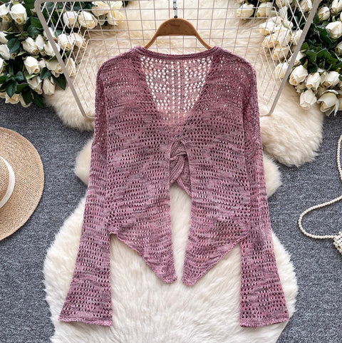V-neck Knotted Hollow Short Cardigan