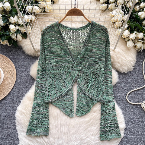 V-neck Knotted Hollow Short Cardigan