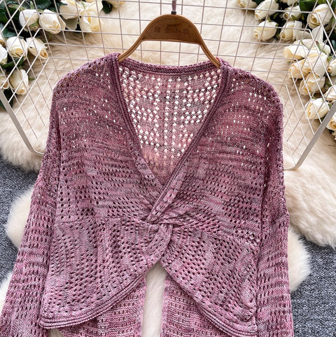 V-neck Knotted Hollow Short Cardigan