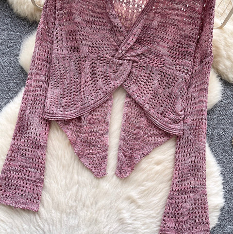 V-neck Knotted Hollow Short Cardigan