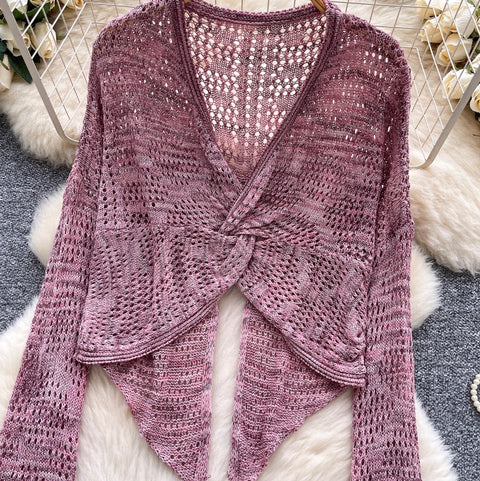 V-neck Knotted Hollow Short Cardigan