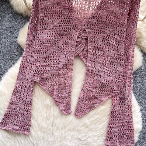 V-neck Knotted Hollow Short Cardigan