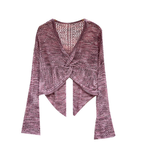 V-neck Knotted Hollow Short Cardigan