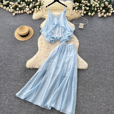 Fairy Blue Ruffled Camisole & Skirt 2Pcs