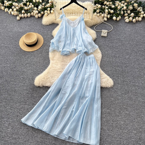 Fairy Blue Ruffled Camisole & Skirt 2Pcs