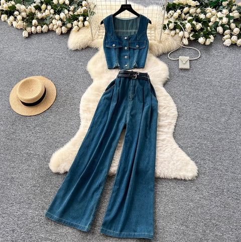 Square-neckline Vest & Jeans Denim 2Pcs