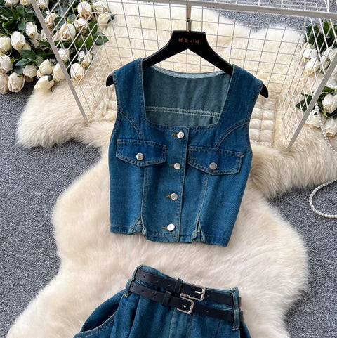 Square-neckline Vest & Jeans Denim 2Pcs
