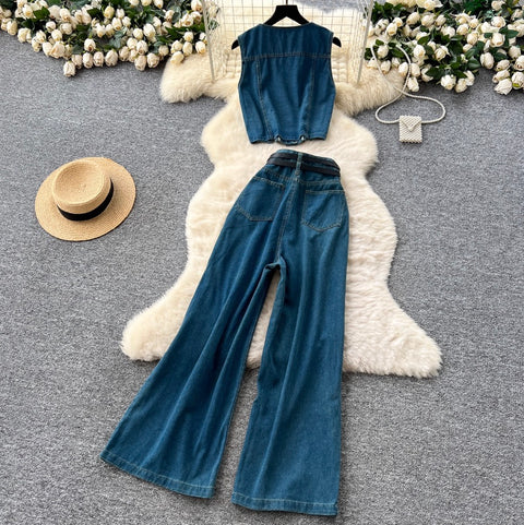 Square-neckline Vest & Jeans Denim 2Pcs