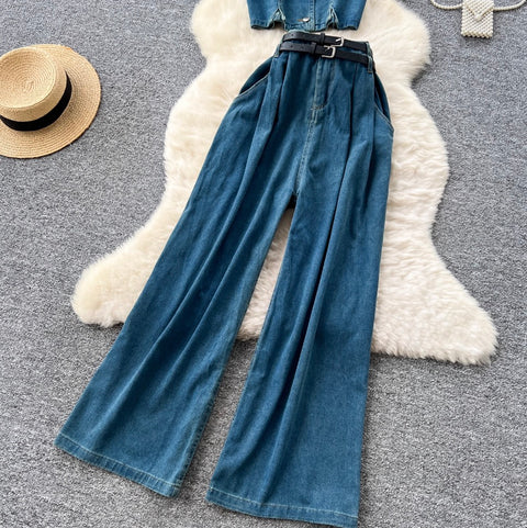 Square-neckline Vest & Jeans Denim 2Pcs