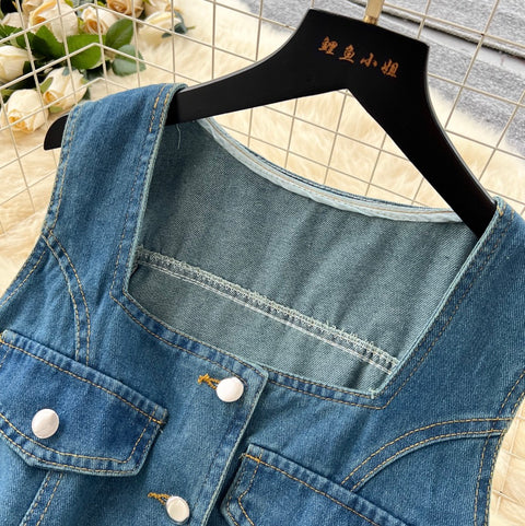 Square-neckline Vest & Jeans Denim 2Pcs