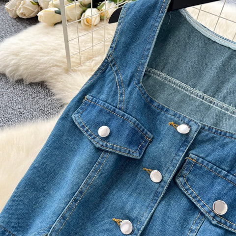 Square-neckline Vest & Jeans Denim 2Pcs