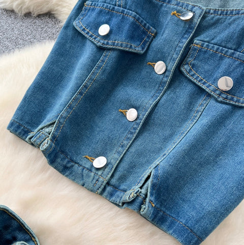 Square-neckline Vest & Jeans Denim 2Pcs