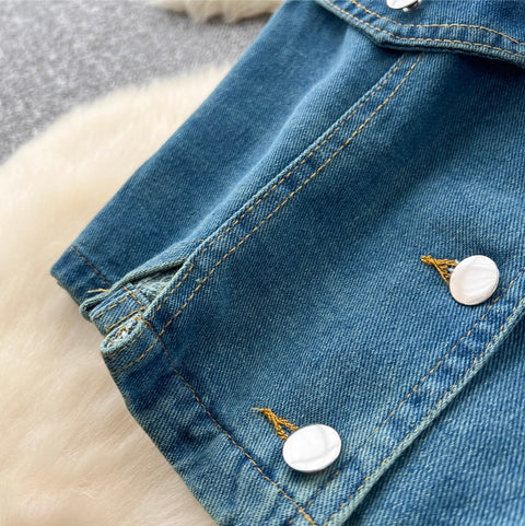 Square-neckline Vest & Jeans Denim 2Pcs