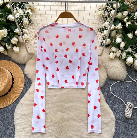 Love-pattern Print Thin Mesh T-shirt