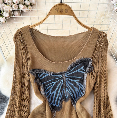 Butterfly Sequin Slim-fit Hollowed Knitwear