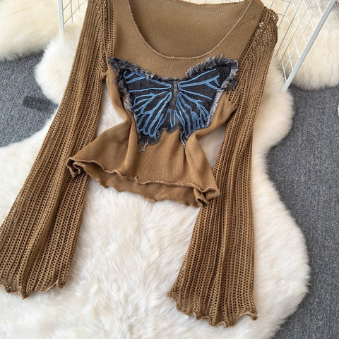 Butterfly Sequin Slim-fit Hollowed Knitwear