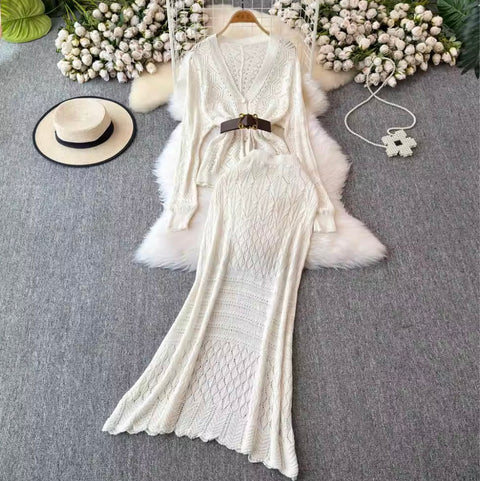 V-neck Cardigan & Fishtail Skirt 2Pcs
