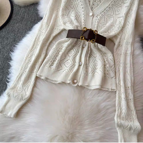 V-neck Cardigan & Fishtail Skirt 2Pcs