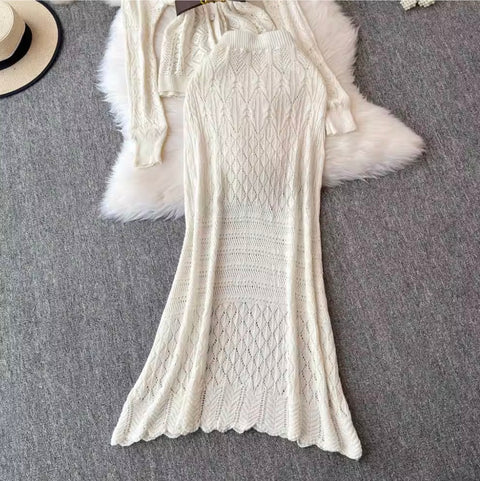 V-neck Cardigan & Fishtail Skirt 2Pcs