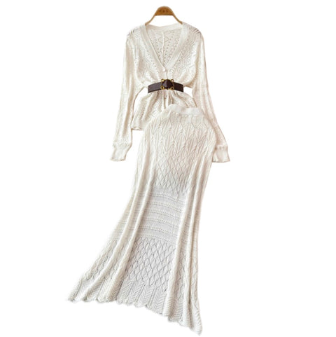 V-neck Cardigan & Fishtail Skirt 2Pcs