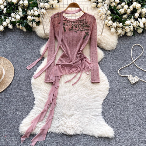 Print Drawstring Shirt with Ribbon